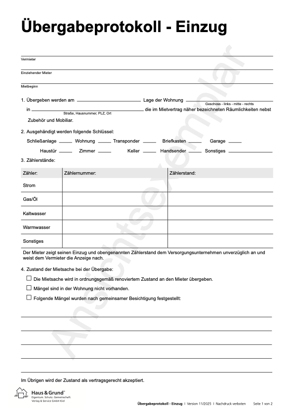 Übergabeprotokoll bei Einzug