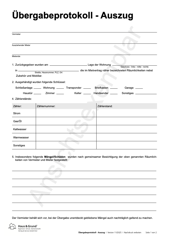 Übergabeprotokoll bei Auszug